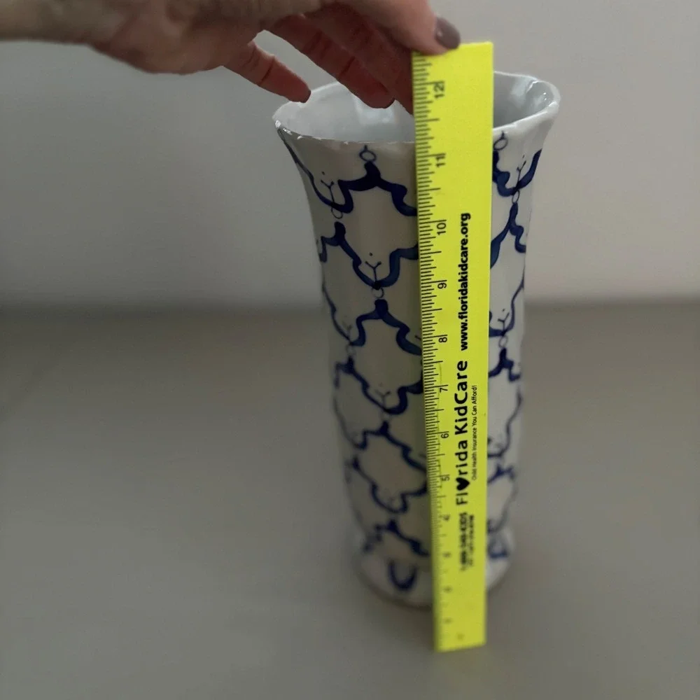 Blue and White Ceramic‎ Trellis Cylinder Vase Scalloped Rim 11.5 Inch Flowers